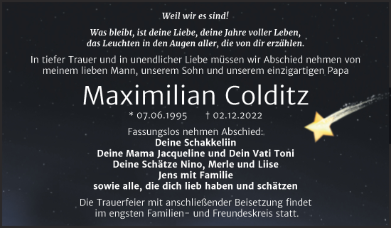 Traueranzeige von Maximilian Colditz von Trauerkombi Bitterfeld