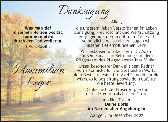 Traueranzeige von Maximilian Leger von Wochenspiegel Naumburg/Nebra