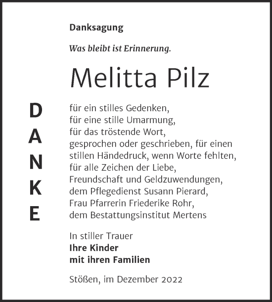Traueranzeige von Melitta Pilz von Wochenspiegel Naumburg/Nebra
