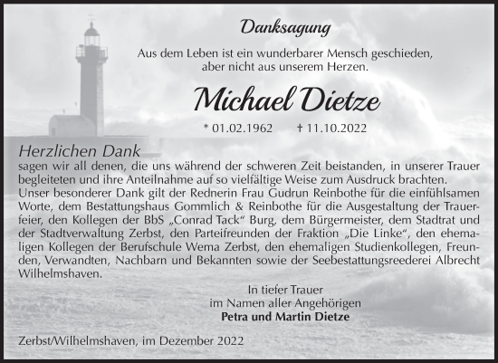 Traueranzeige von Michael Dietze von Mitteldeutsche Zeitung Dessau-Roßlau
