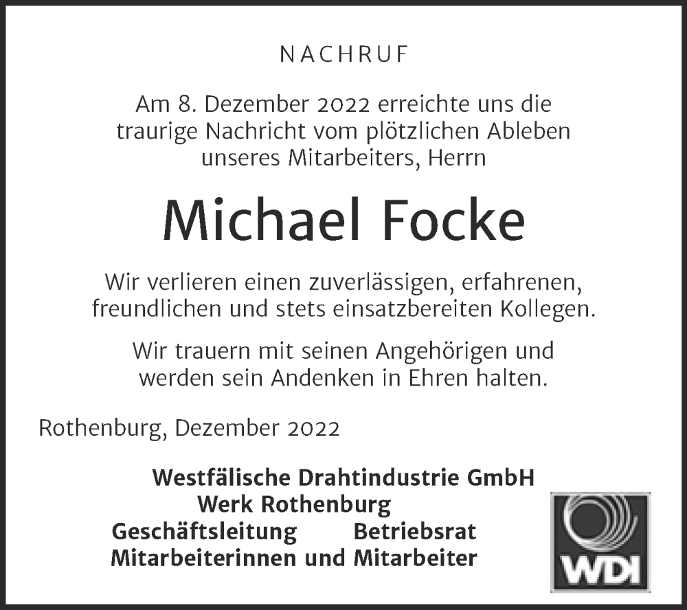  Traueranzeige für Michael Focke vom 17.12.2022 aus Mitteldeutsche Zeitung Bernburg