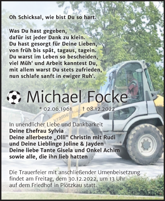 Traueranzeige von Michael Focke von Trauerkombi Bernburg