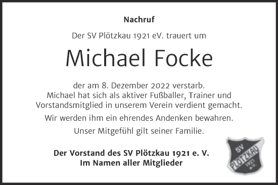 Traueranzeige von Michael Focke von Super Sonntag Bernburg