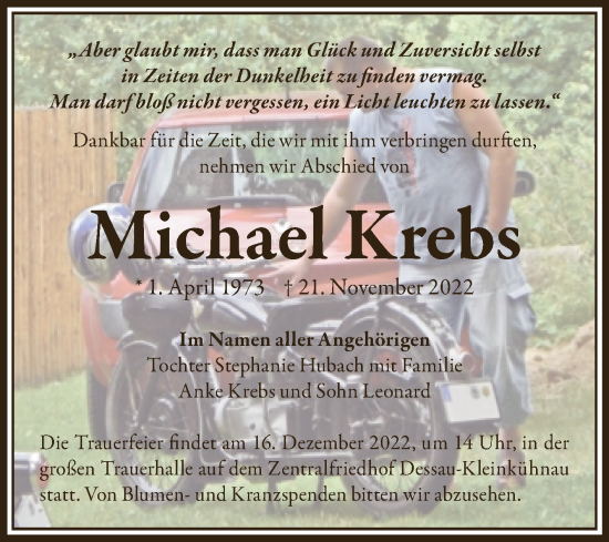 Traueranzeige von Michael Krebs von Trauerkombi Dessau