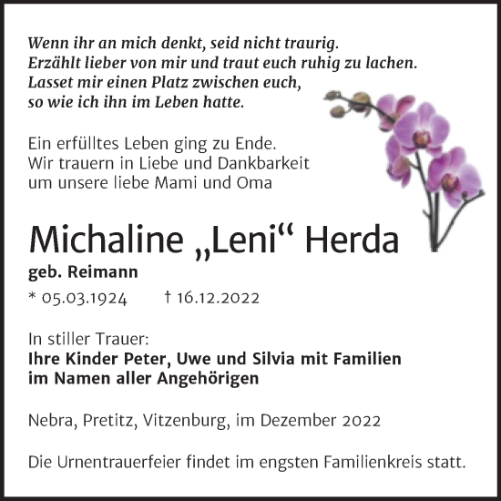 Traueranzeige von Michaline Herda von Trauerkombi Merseburg