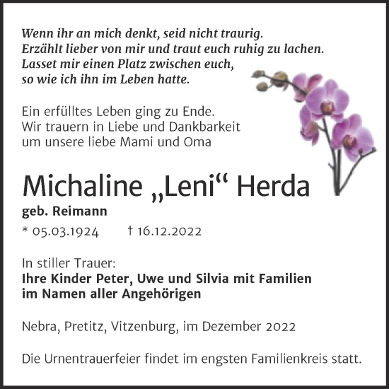 Traueranzeige von Michaline Herda von Wochenspiegel Naumburg/Nebra