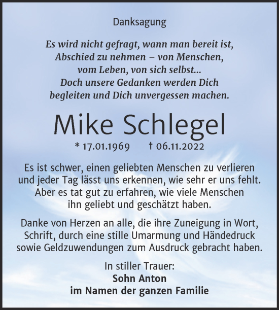Traueranzeige von Mike Schlegel von Wochenspiegel Naumburg/Nebra