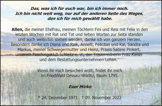 Traueranzeige von Mirko Wildgrube von Trauerkombi Bitterfeld