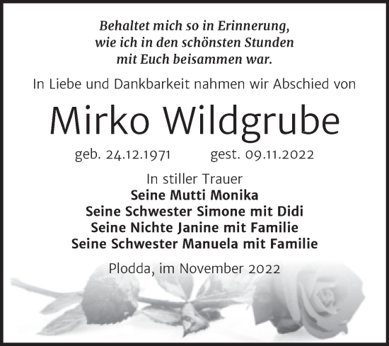 Traueranzeige von Mirko Wildgrube von Trauerkombi Wittenberg