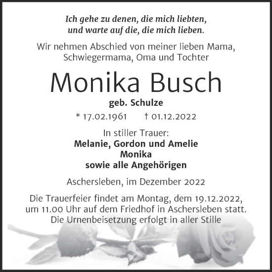 Traueranzeige von Monika Busch von Trauerkombi Aschersleben