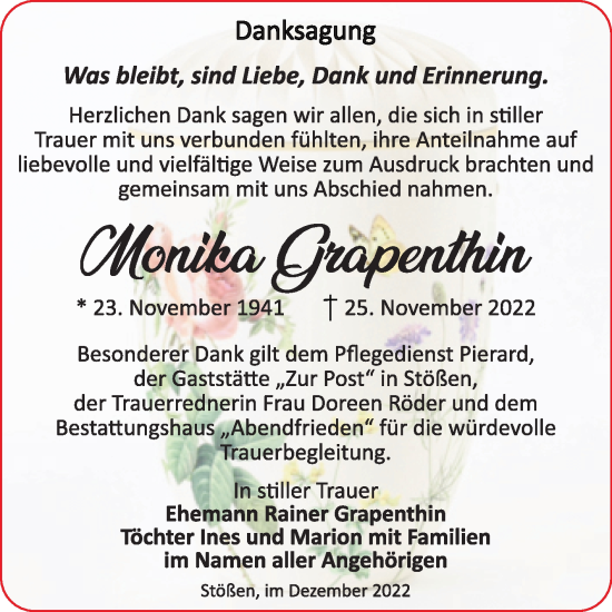 Traueranzeige von Monika Grapenthin von Wochenspiegel Naumburg/Nebra