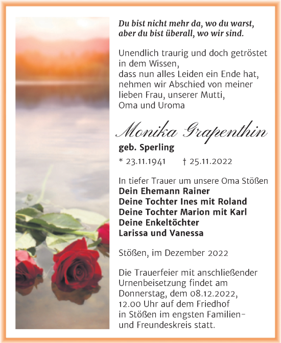 Traueranzeige von Monika Grapenthin von Wochenspiegel Naumburg/Nebra
