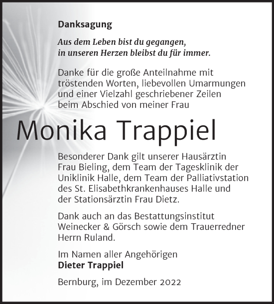 Traueranzeige von Monika Trappiel von Trauerkombi Bernburg