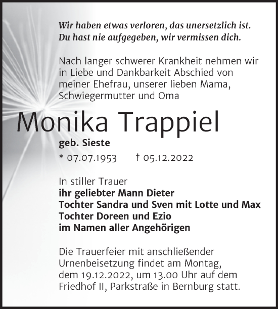 Traueranzeige von Monika Trappiel von Trauerkombi Bernburg