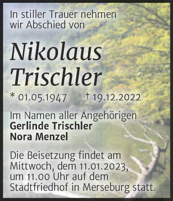 Traueranzeige von Nikolaus Trischler von Trauerkombi Merseburg