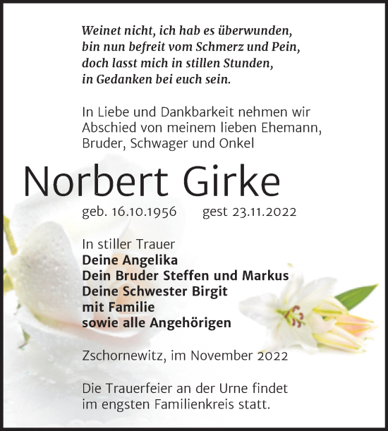 Traueranzeige von Norbert Girke von Trauerkombi Wittenberg
