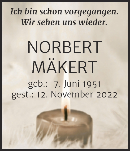 Traueranzeige von Norbert Mäkert von Trauerkombi Köthen