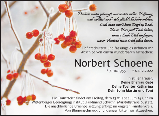 Traueranzeige von Norbert Schoene von Trauerkombi Wittenberg
