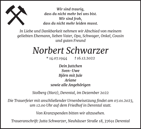 Traueranzeige von Norbert Schwarzer von Trauerkombi Sangerhausen