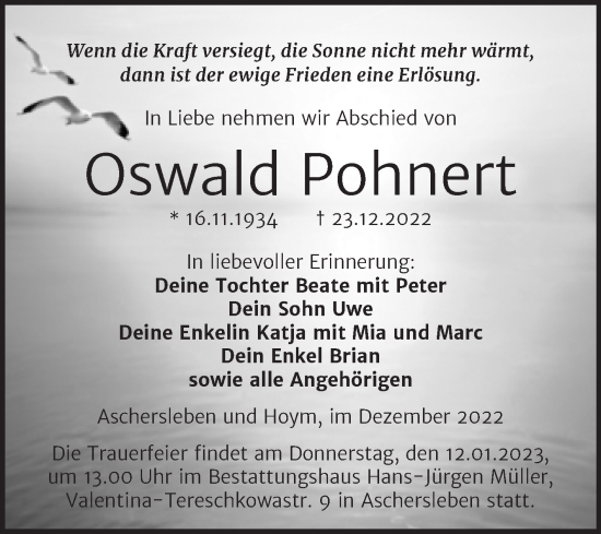 Traueranzeige von Oswald Pohnert von Trauerkombi Aschersleben