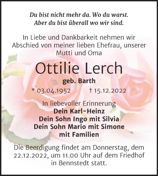 Traueranzeige von Ottilie Lerch von Mitteldeutsche Zeitung Halle/Saalkreis