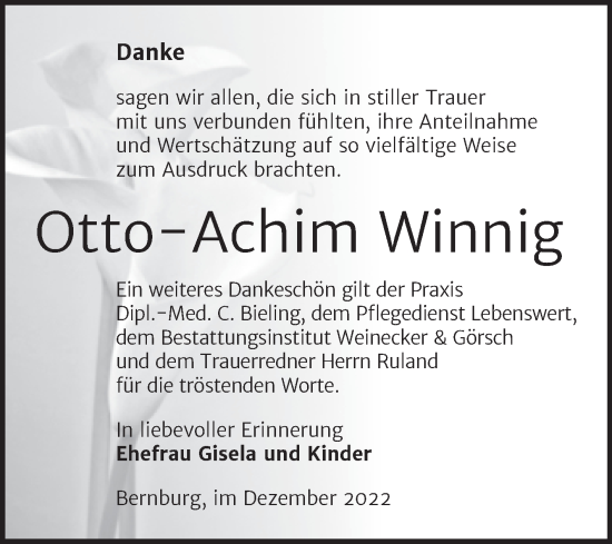 Traueranzeige von Otto-Achim Winnig von Trauerkombi Bernburg