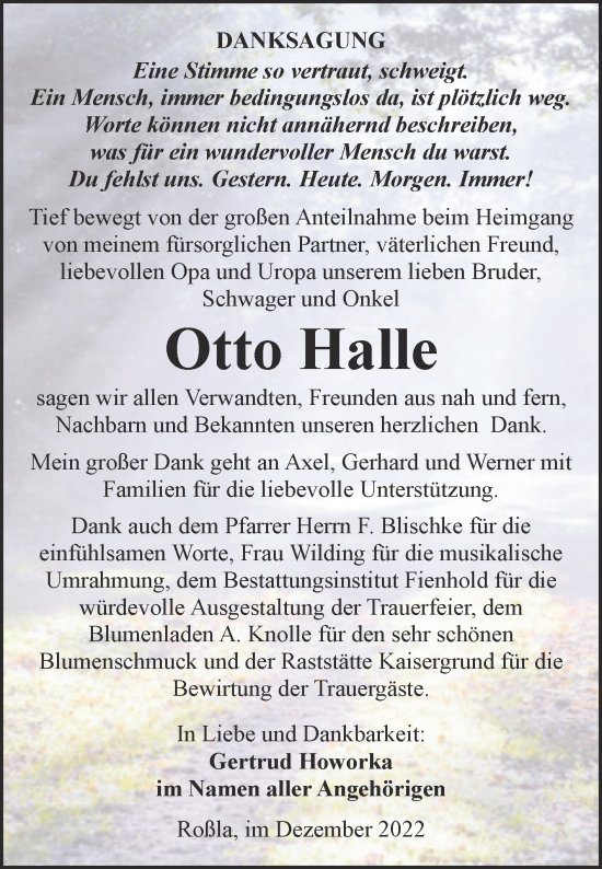 Traueranzeige von Otto Halle von Trauerkombi Sangerhausen
