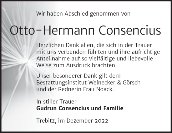 Traueranzeige von Otto-Hermann Consencius von Trauerkombi Bernburg