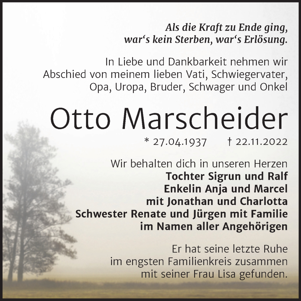  Traueranzeige für Otto Marscheider vom 03.12.2022 aus Trauerkombi Bernburg
