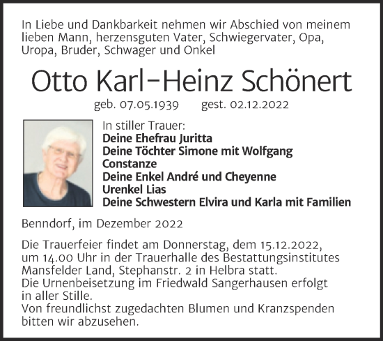 Traueranzeige von Otto Karl-Heinz Schönert von Trauerkombi Mansfelder Land