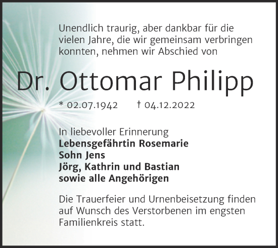 Traueranzeige von Ottomar Philipp von Trauerkombi Bernburg