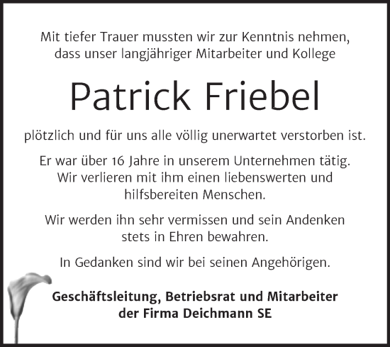 Traueranzeige von Patrick Friebel von Mitteldeutsche Zeitung Bitterfeld