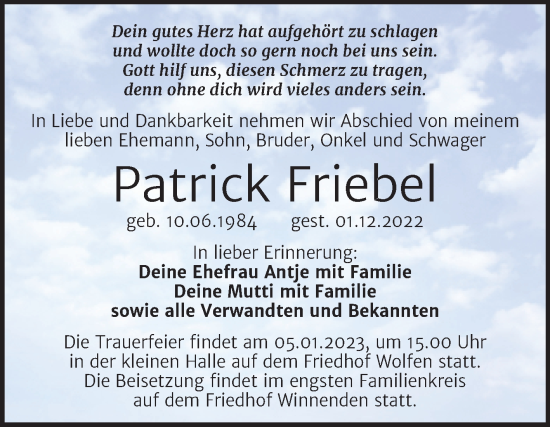 Traueranzeige von Patrick Friebel von Trauerkombi Bitterfeld
