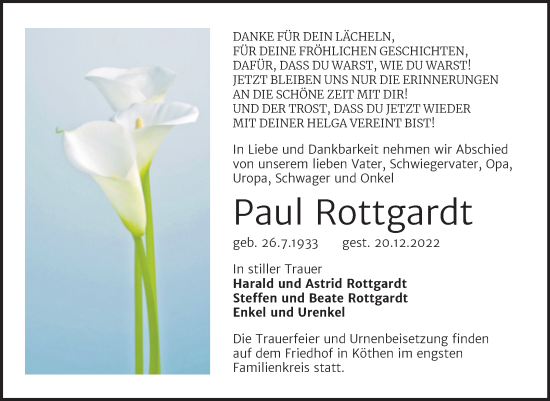 Traueranzeige von Paul Rottgardt von Mitteldeutsche Zeitung Köthen
