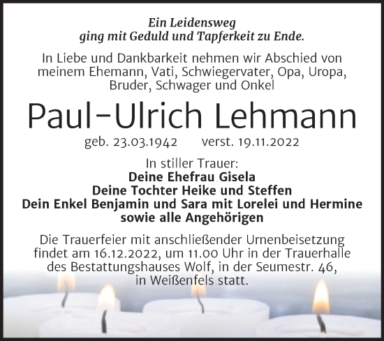 Traueranzeige von Paul-Ulrich Lehmann von Trauerkombi Weißenfels