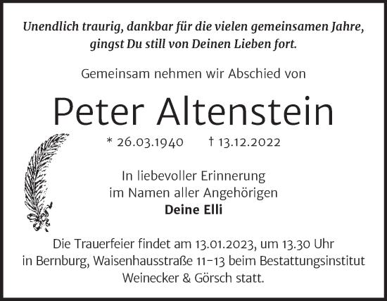 Traueranzeige von Peter Altenstein von Trauerkombi Bernburg