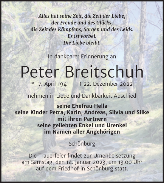 Traueranzeige von Peter Breitschuh von Trauerkombi Weißenfels