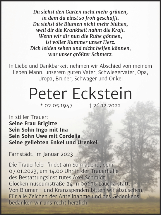 Traueranzeige von Peter Eckstein von Trauerkombi Merseburg