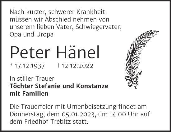 Traueranzeige von Peter Hänel von Trauerkombi Bernburg