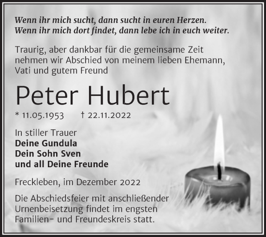 Traueranzeige von Peter Hubert von Trauerkombi Aschersleben