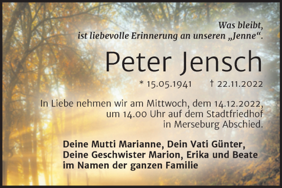 Traueranzeige von Peter Jensch von Trauerkombi Merseburg