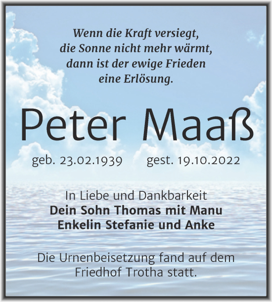 Traueranzeige von Peter Maaß von Mitteldeutsche Zeitung Halle/Saalkreis