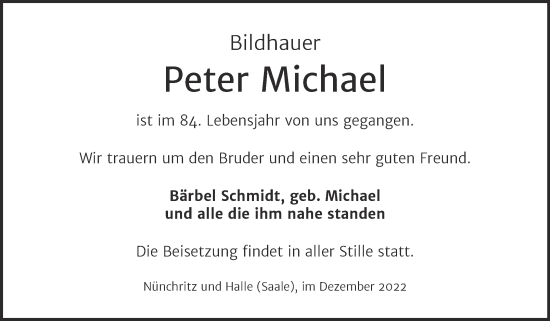 Traueranzeige von Peter Michael von Mitteldeutsche Zeitung Halle/Saalkreis