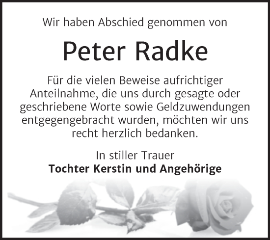 Traueranzeige von Peter Radke von Trauerkombi Wittenberg