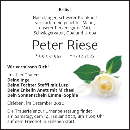 Traueranzeige von Peter Riese von Trauerkombi Mansfelder Land