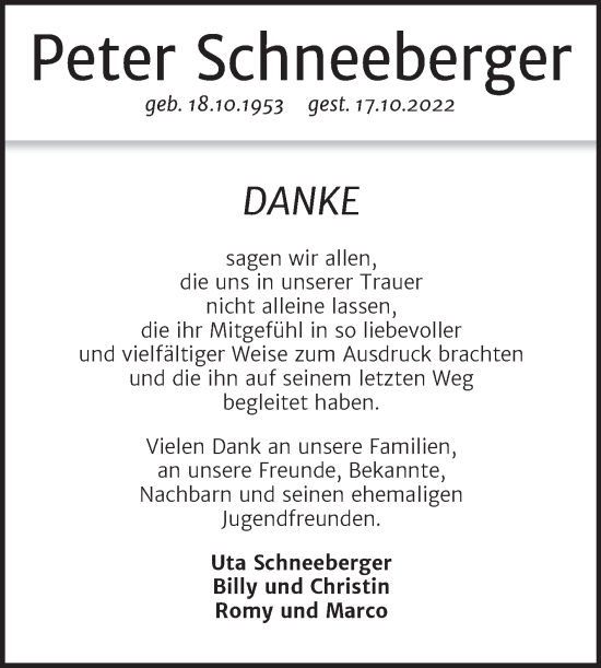 Traueranzeige von Peter Schneeberger von Wochenspiegel Bitterfeld