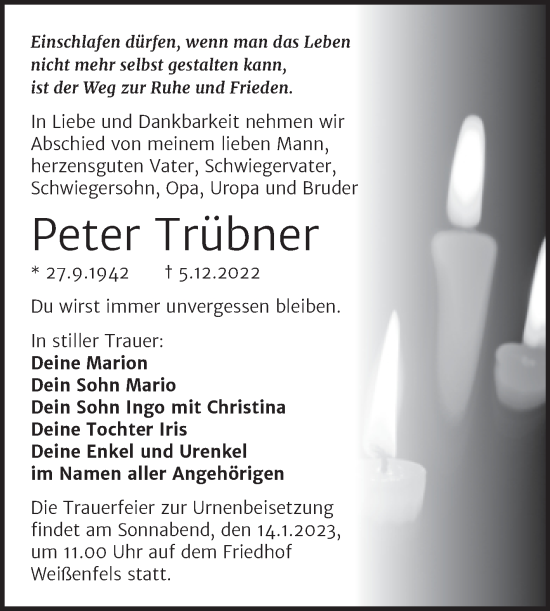 Traueranzeige von Peter Trübner von Trauerkombi Weißenfels