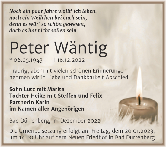 Traueranzeige von Peter Wäntig von Trauerkombi Merseburg