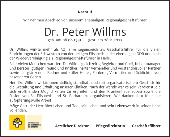 Traueranzeige von Peter Willms von Mitteldeutsche Zeitung Halle/Saalkreis