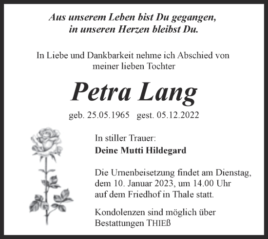 Traueranzeige von Petra Lang von Trauerkombi Quedlinburg